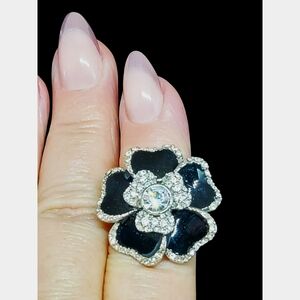 Lia Sophia Black Enamel and Crystal Flower Ring Size 9